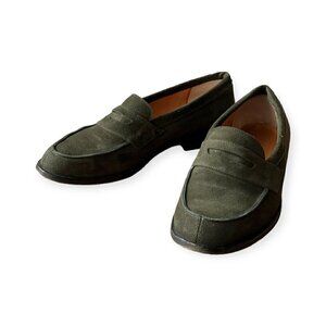 Vintage 90s Robert Clergerie Olive Green Suede Penny Loafer. Size 7.5